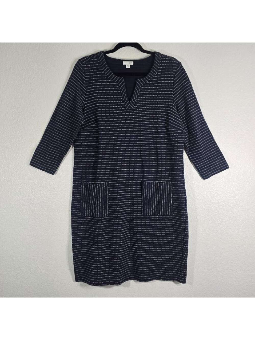 J Jill Stripe Shift Dress Women Medium Navy Blue V-Neck Pockets Pullover Casual